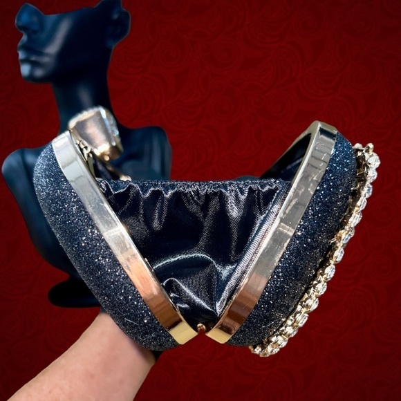 Crystal Rhinestone Embellished Black Evening Bag w/Handle & Chain Strap NWT - Picture 14 of 16